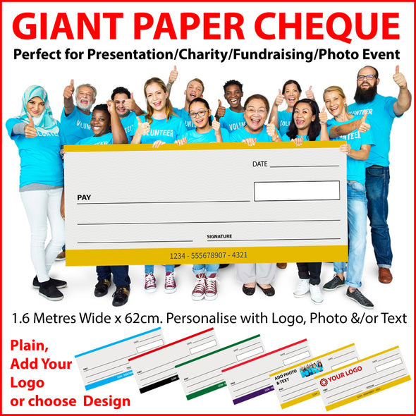 Large Cheque for Presentation Charity Fundraising Photo Event. Add your Logo! Personalise/Brand for your Company/School or Own Event. 1.6Metres Wide!!