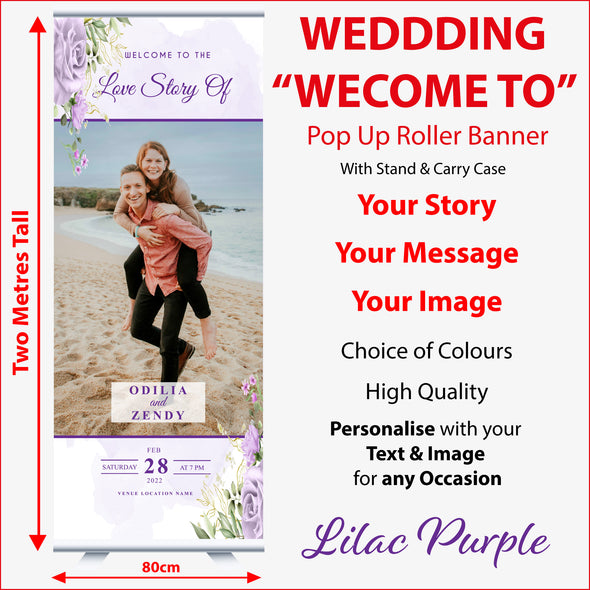 Wedding Welcome to Personalised Roller Banner. 2 Metres Tall Easy to Pop up