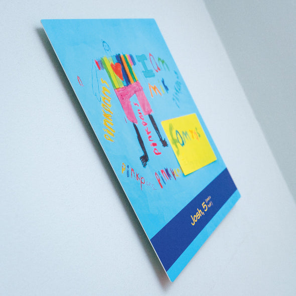 Child's Artwork Printed onto Premium Metal Hi Gloss Print Panel + Optional Unique Memorabilia Line