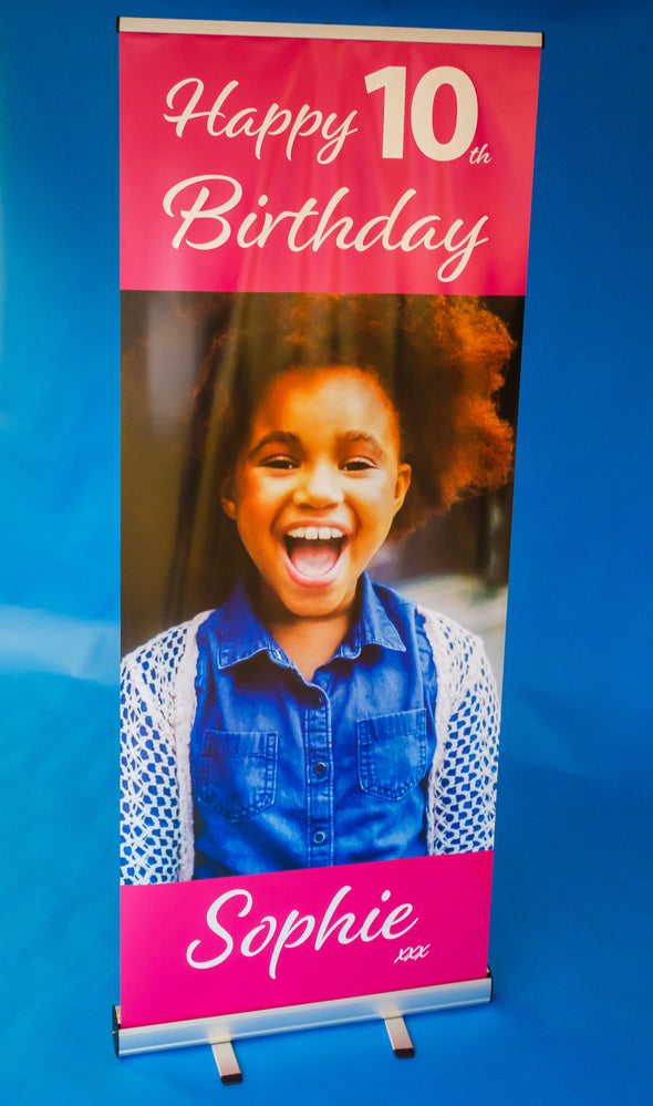 Birthday / Celebration Photo Pop Up Banner with Stand & Base. Personalise with your Photos & Text - 2 Metres Tall