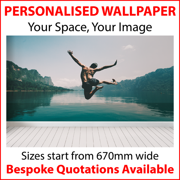 Personalised Wallpaper - Print your Own Photo/Image/Logo/Artwork. 670mm Wide. Very Easy to Hang with Self Adhesive Backing & No Mess.