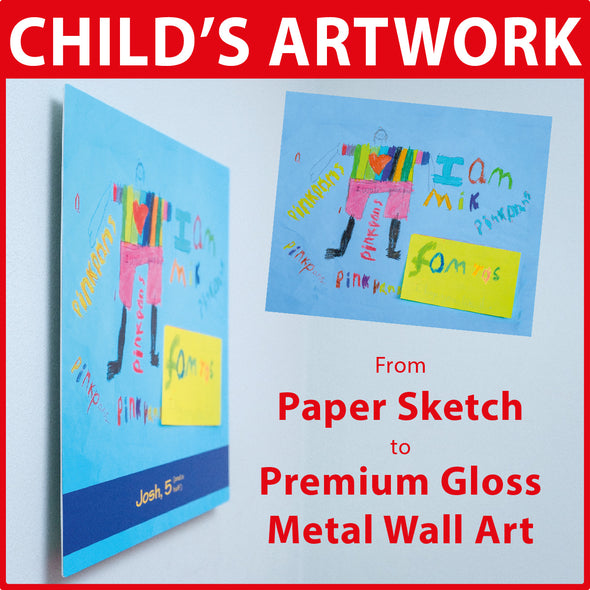 Child's Artwork Printed onto Premium Metal Hi Gloss Print Panel + Optional Unique Memorabilia Line