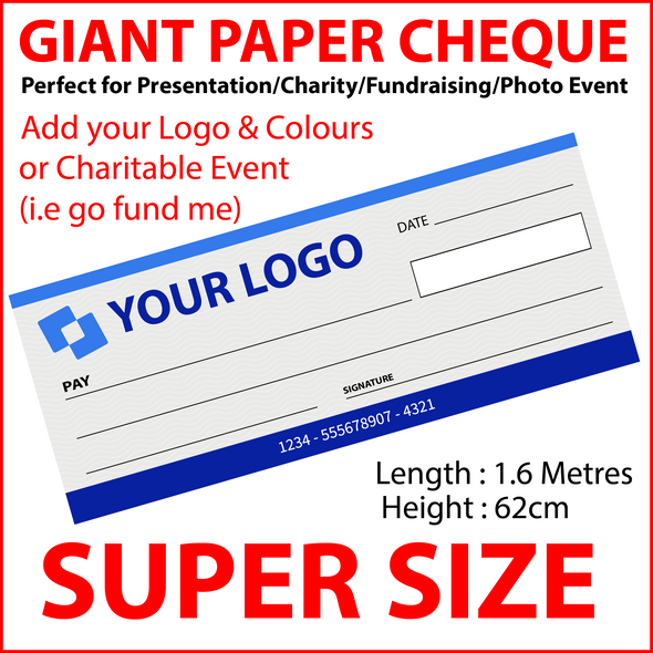 Large Cheque for Presentation Charity Fundraising Photo Event. Add your Logo! Personalise/Brand for your Company/School or Own Event. 1.6Metres Wide!!