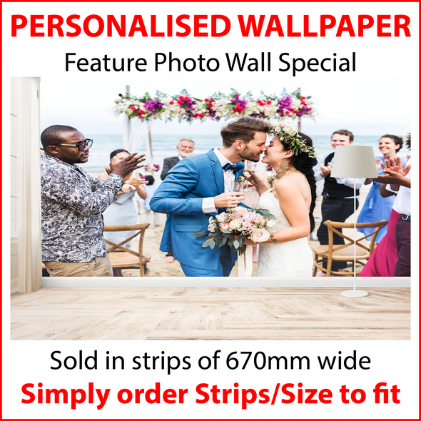 Personalised Wallpaper - Print your Own Photo/Image/Logo/Artwork. 670mm Wide. Very Easy to Hang with Self Adhesive Backing & No Mess.