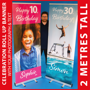 Birthday / Celebration Photo Pop Up Banner with Stand & Base. Personalise with your Photos & Text - 2 Metres Tall